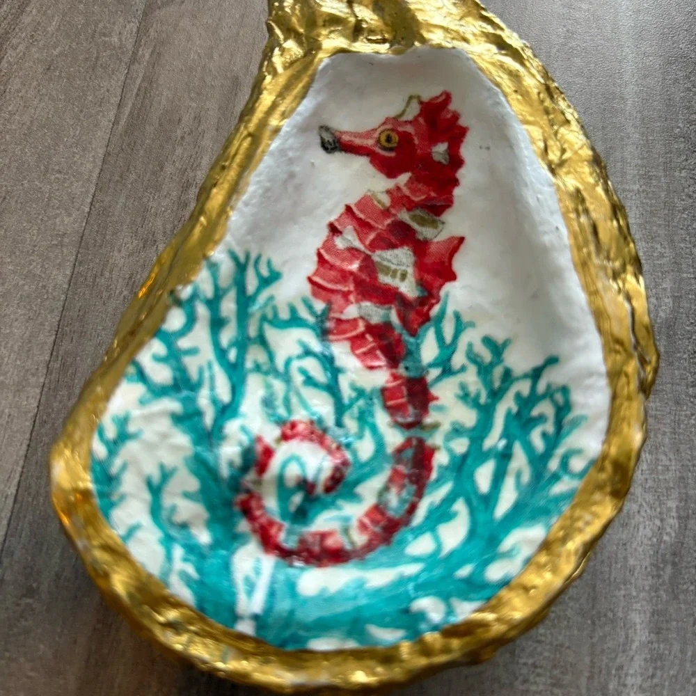 Oyster Shell RING DISH Hand‎ painted gold edges pink Coastal Print Seahorse